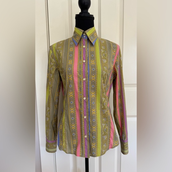 Etro Tops - Etro green striped paisley cotton long sleeve button up‎ fitted shirt women’s 44